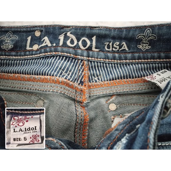 LA Idol Blue Jeans White Stich Whiskers Med Wash Bootcut Flap Pockets Sz 5 - Picture 6 of 8